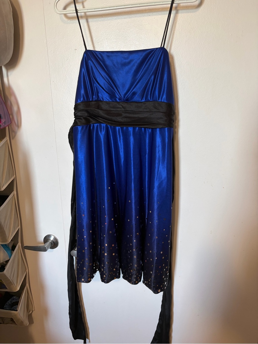 Majestic Royal Blue Satin Spaghetti-Strap Dress with Black Trim